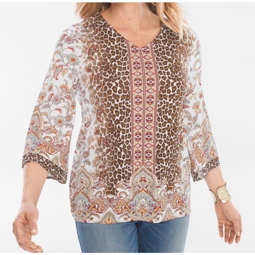 Chico's Leopard Paisley Floral V-Neck Bell Sleeve Tunic Top Brown White Size 1 M - Picture 2 of 8